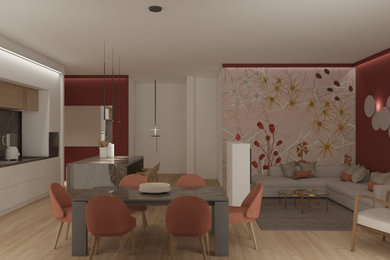 Foto di un piccolo soggiorno minimalista aperto con pareti rosse, parquet chiaro, TV autoportante e carta da parati