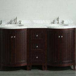 Dark Teak 72 inch Double Sink Bathroom Vanity with White Carrera Marble Top - Bathroom Vanities And Sink Consoles