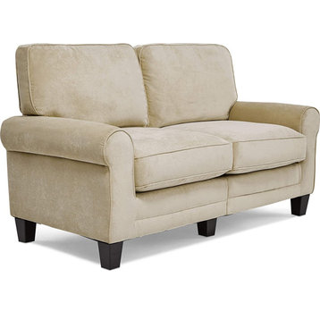 Traditional Loveseat, Cushioned Seat and Pillowed Back With Rounded Arms, Tan