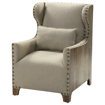 Wood Base Upholstered Wingback Arm Chair with Throw Pillow and Nail Head Trim
