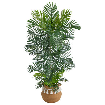 5' Areca Faux Palm Tree, Boho Handmade Natural Cotton Woven Planter W/Tassels