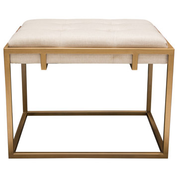 Babylon Small Accent Ottoman With Brushed Gold Frame & Padded Seat, Sand Linen