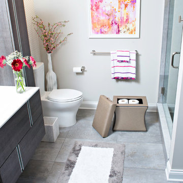 Modern White Bathroom with Tan Ottoman for Storage