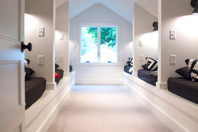 Bedroom - contemporary guest carpeted and gray floor bedroom idea in Other with white walls