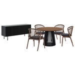 Armen Living - Pasadena Echo 6-Piece Round Dining Set, With Buffet & Table and Chairs - Enhance your dining space with the Pasadena Echo 6 Piece Round Dining Set. This 6-piece dining set includes 1 Pasadena round dining table, and 4 Echo dining chairs with faux leather upholstery, and 1 Pasadena buffet cabinet. The versatile chairs merge style and functionality, making them a perfect addition to your dining room, kitchen, or even as accent pieces throughout your home. Crafted with precision and a keen eye for detail, the Echo dining chairs showcase a stunning combination of wood and easily maintained faux leather upholstery. The Windsor style chair back and angular frame creates a timeless silhouette. The round shape of the table brings a touch of sophistication, creating a dynamic focal point for gatherings in your dining room. The compact 47-inch size makes it an ideal choice for those seeking a small dining table without compromising on style. Its versatility extends beyond the dining room, integrating into kitchens as a modern kitchen table. The retro allure of mid-century design is present in the slatted pedestal base, further elevating its appeal, whilst lending its unmistakable character and attractive, architectural-like quality. The buffet is a seamless blend of form and utility. The four-door design opens to reveal ample storage space with two levels of shelves, ideal for keeping your dining essentials organized and within easy reach. Two matching wooden shelves are included, offering an elegant display area for showcasing your cherished dinnerware or decorative items. The shelves are adjustable to 3 available heights. Use it as a stylish sideboard, an entry cabinet that welcomes guests with its polished charm, or a versatile storage cabinet in the kitchen. Each piece of this 6-piece dining set offers multifunctional appeal and due to the craftsmanship and quality materials it&rsquo;s comprised of it can be enjoyed for many years to come. This dining set is available in multiple color finishes including: an all-black finish with black faux leather upholstery, a black finish table and buffet with walnut chairs and black faux leather upholstery, or a black finish table base and buffet, with walnut tabletop and chairs with black faux leather upholstery.