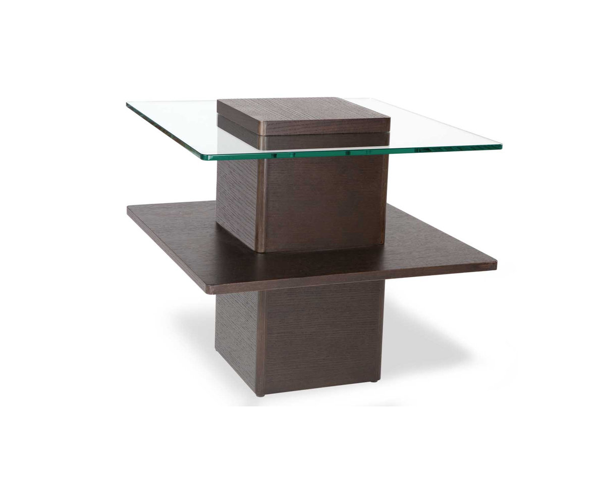 Modern Louie Side Table Clear Glass, Brown Oak Base, Featuring Two Tier