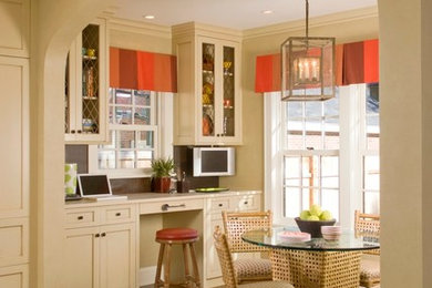 Large transitional l-shaped dark wood floor open concept kitchen photo in Minneapolis with a single-bowl sink, shaker cabinets, white cabinets, white backsplash, mosaic tile backsplash, paneled appliances and an island