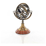 Inviting Home, Inc. - Armillary Sphere on Wood Base - This is a replica of a European Demonstrational Armillary Sphere. It was used to measure the relationships of the objects in the sky. Each piece is made of finely crafted brass. It consists of a set of graduated rings representing circles on the celestial sphere. The brass sphere at the center of the armillary represents the Earth. The rims are marked “A PARIS Chez G. Gobille a P Ache Royalle." It features a rich antique finish that does not tarnish or show fingerprints.