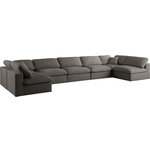 Meridian Furniture - Plush Velvet / Down Standard Comfort 7-Piece U-Shaped Modular Sectional, Grey - No matter how big or little the size of your gang, they can all find their sweet spot when you choose pieces from the Plush collection to build your ideal seating group. Choose this individual Plush piece or pair multiple pieces together to get the custom look everyone will love. The soft grey velvet material is soft and welcoming to the touch, and the set's cushions are overstuffed with a down and feather blend to provide ample support for tired bodies.