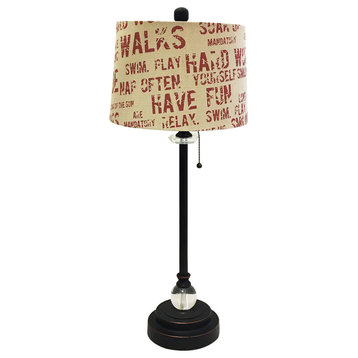28" Crystal Lamp With Cream/Red Relaxing Phrase Print Drum Shade, Bronze, Single