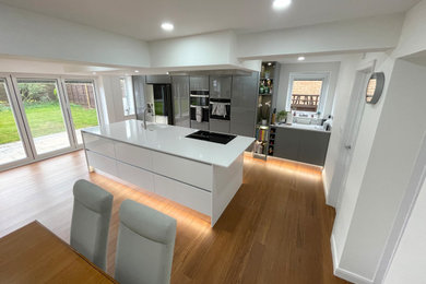 Medium sized contemporary grey and white kitchen/diner in Other with flat-panel cabinets, grey cabinets, integrated appliances, laminate floors, an island and feature lighting.