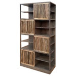 Harp & Finial - Watson Bookshelf Gray Washed and Natural Finish - This industrial meets rustic piece is sure to make a statement with it's grand nature and natural mango wood finishes. The four sliding slat doors move to provide shelf and storage space while also concealing in an aesthetically pleasing way. This staggered look created a large amount of space to add all of your favorite accessories. Due to the production process, there may be minor variations in shape, size, color, and finish.
