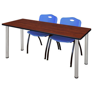 66"x24" Kee Training Table, Cherry/Chrome and 2 "M" Stack Chairs, Blue