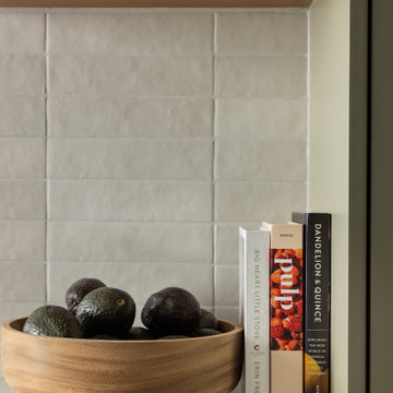 Cream Colored Textured Subway Tile Kitchen Backsplash