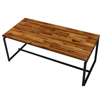 Transitional Coffee Table, Sled Black Metal Legs With Rectangular Wooden Top