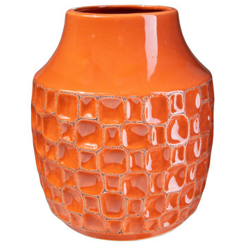 Round Ceramic Vase with Debossed Abstract Design Gloss Orange Finish