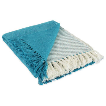 DII 60x50" Cotton Four Square Woven Throw with Fringe in Teal Blue