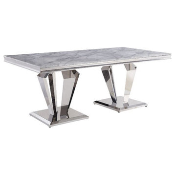 Dining Table, Light Gray Printed Faux Marble and Mirrored Silver Finish