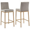26'' Counter Stool, Velvet With Gold Metal Legs, Set of 2, Gray and Gold Leg