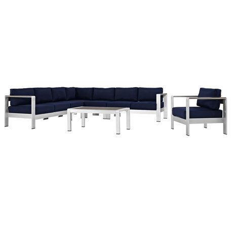 Shore 7 Piece Outdoor Patio Aluminum Sectional Sofa Set, Silver Navy