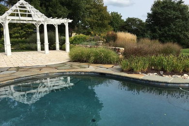 Design ideas for a small traditional backyard custom-shaped pool in Baltimore with natural stone pavers.