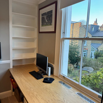 Curved Corner Desk With Drawers, Built-In Shelving & Shaker Cabinet