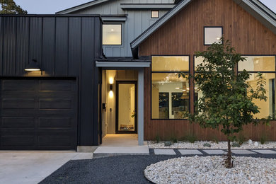 Ispirazione per una porta d'ingresso moderna di medie dimensioni con pareti grigie, pavimento in cemento, una porta a pivot, una porta nera, pavimento grigio, soffitto a volta e pareti in legno