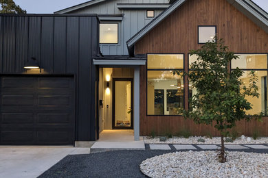 Exemple d'une porte d'entrée moderne en bois de taille moyenne avec un mur gris, sol en béton ciré, une porte pivot, une porte noire, un sol gris et un plafond voûté.