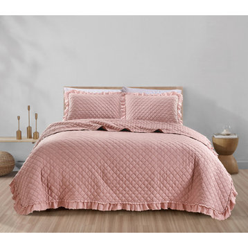 3-Piece Bedspread Coverlet Quilt Set, Lightweight, Ruffle, Pink, Full/Queen