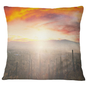 Saguaro Cactus At Colorful Sunset Landscape Printed Throw Pillow, 16"x16"