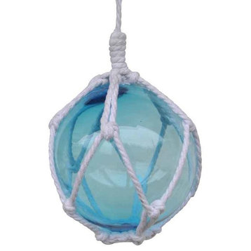 Light Blue Japanese Glass Ball Fishing Float With White Netting Decoration 6''
