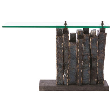Rustic Industrial Iron Sculpture Console Table  Strips Brutalist Torched Metal