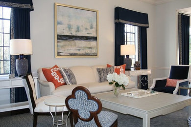 Example of a carpeted living room design in Atlanta with white walls, no fireplace and no tv
