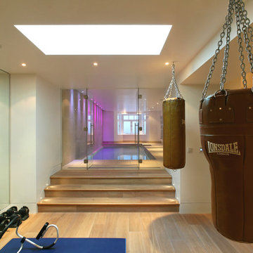 Basement conversion showing light source through glass panel in garden