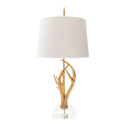Surya - Surya Buckland Antler Base White Barrel Linen Shade Table Lamp - Table Lamps