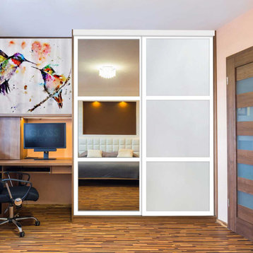 2 Panels Closet / Wardrobe Door With Frosted Glass And Mirror Insert, 72"x84" In