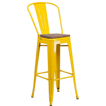 Flash Furniture 30" Yellow Metal Barstool w/Back - CH-31320-30GB-YL-WD-GG
