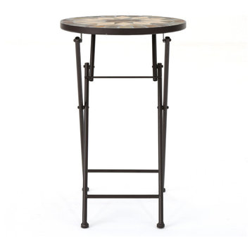 GDF Studio Sandor Outdoor Beige and Black Stone Side Table With Iron Frame