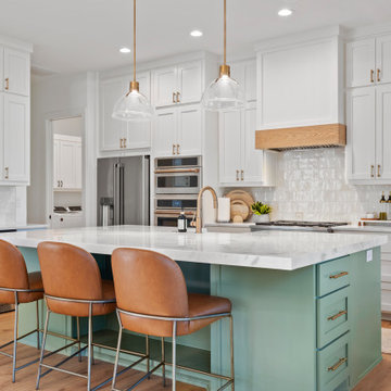 Modern Lakeside Farmhouse Kitchen with Sage Green Island and Wine Cooler