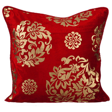 Floral 24"x24" Velvet Red Pillow Shams, Gold Charming