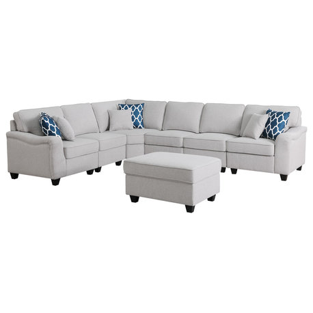 Leo Light Gray Linen 7-Piece Modular L-Shape Sectional Sofa and Ottoman