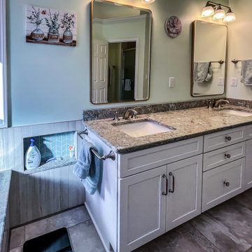 Primary Bathroom with Custom Corian and Tiled Shower, Tiled Tub Surround