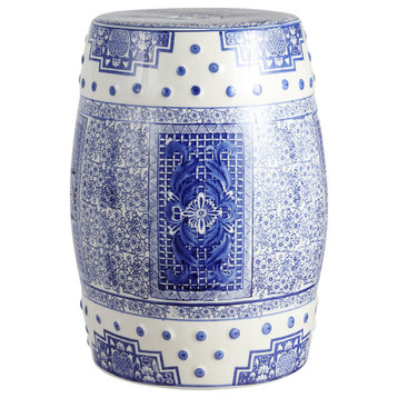 Acanthus 17.8" Chinoiserie Ceramic Drum Garden Stool, Blue and White