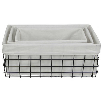 Set Of 3 Rectangular White Lined And Metal Wire Baskets