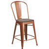 24"High Copper Metal Counter Height Stool with Back and Wood Seat