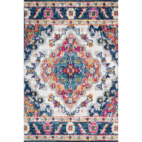 Bohemian FLAIR Boho Vintage Medallion Area Rug, Blue and Multi, 2x3