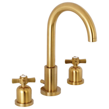 Eclectic Widespread Bathroom Faucet, High Arc Spout & 2 Crossed Handles, Brass