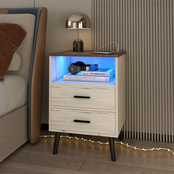 Smart Nightstand with Charging Station, LED Night Stand and Drawers, Wood White