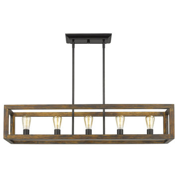 5 Light Linear Pendant in Black Wood Frame-Black Finish-No Shade Shade Color
