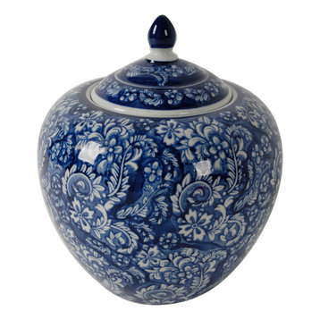 9.8" Blue and White Round Ginger Jar With Lid